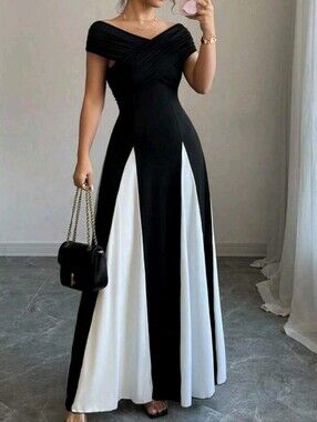 Off-Shoulder Black and White Panelled Maxi Dress